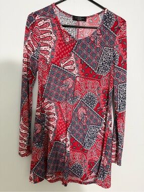 Made By Johnny Red and Navy Patchwork Paisley Long-Sleeve Top